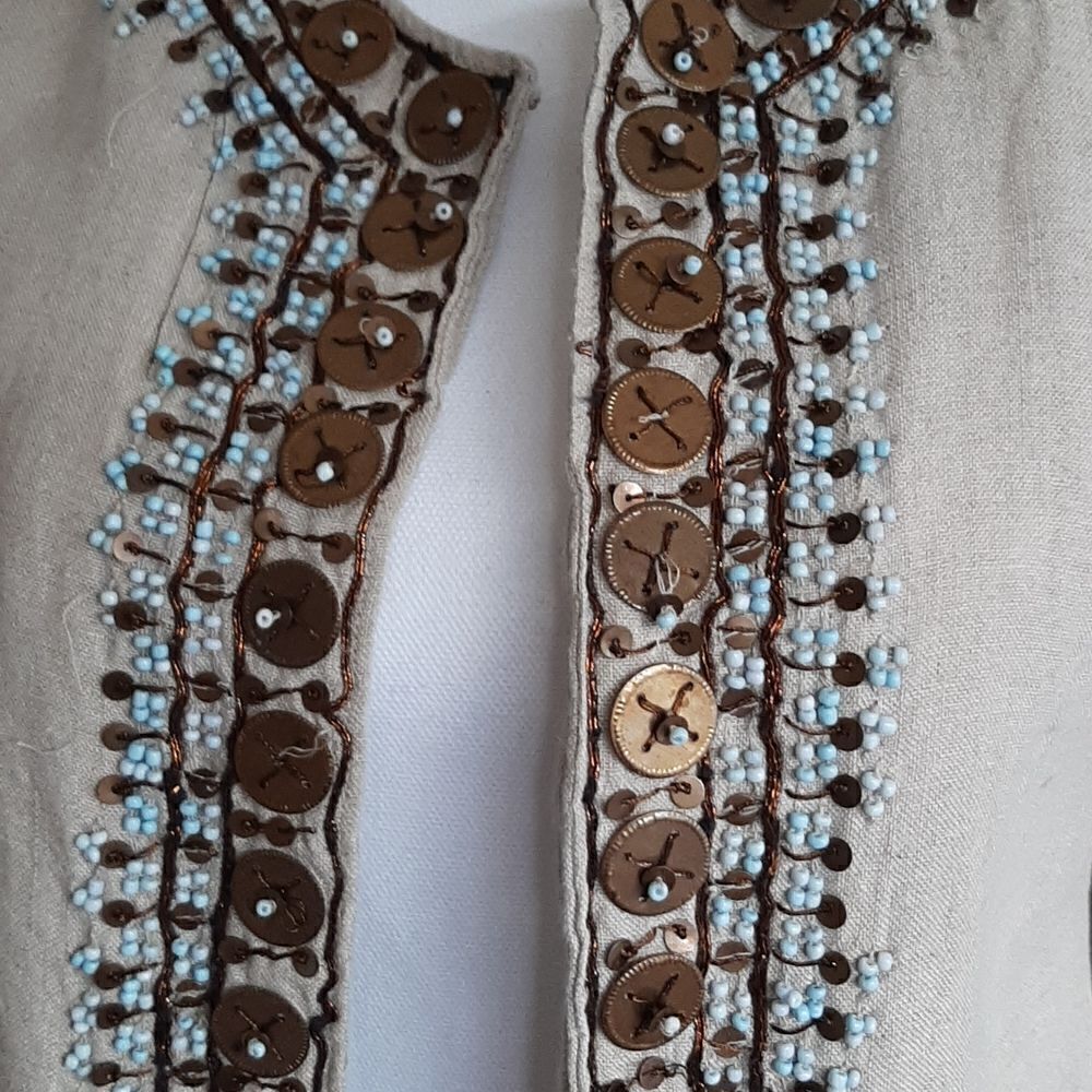 Chico's tan Linen jacket with turqoise beads and copper tacking - Picture 2 of 8